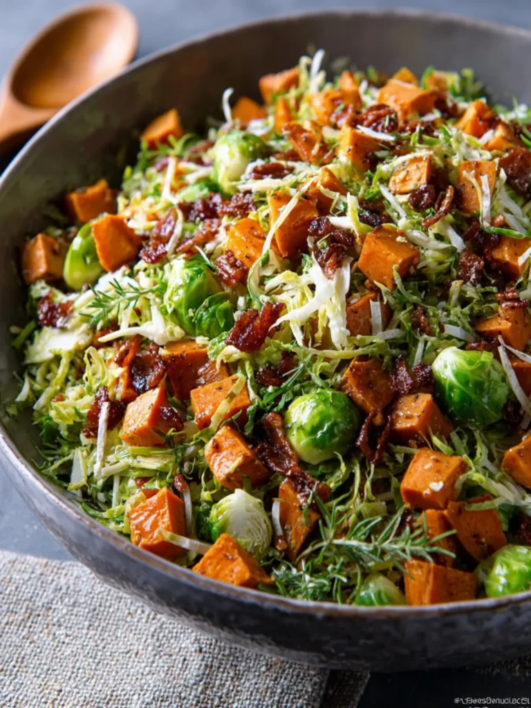 Shredded Brussel Sprout Salad with Roasted Sweet Potatoes First Image