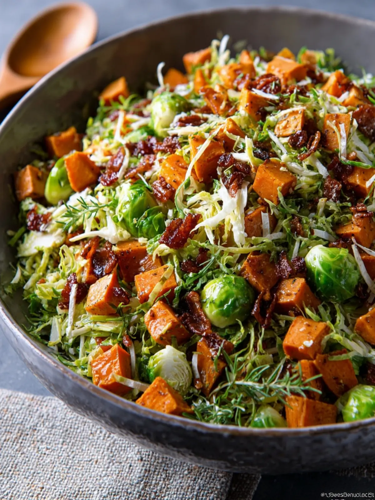 Shredded Brussel Sprout Salad with Roasted Sweet Potatoes First Image