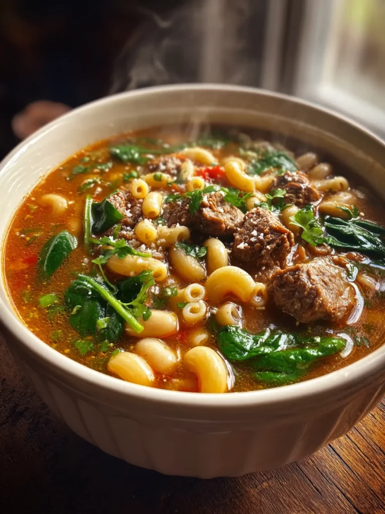 Hearty Beef Macaroni Soup with White Beans & Spinach First Image
